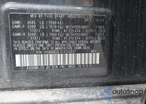 2012 Subaru Outback 2.5I Limited z USA, uszkodzony, nr VIN 4S4BRCJC1C3230007